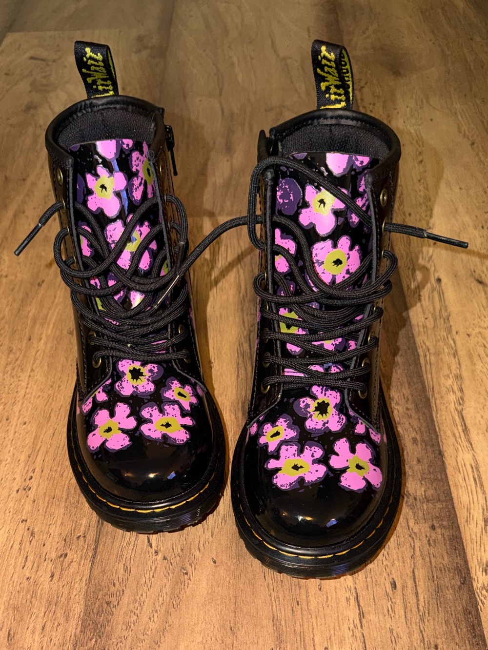 Dr. Martens Kids Black Patent Lace-Up Boots with Pink Floral Print